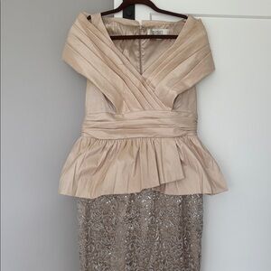 Badgley Mischka Champagne Pleated V-Neck Evening Dress